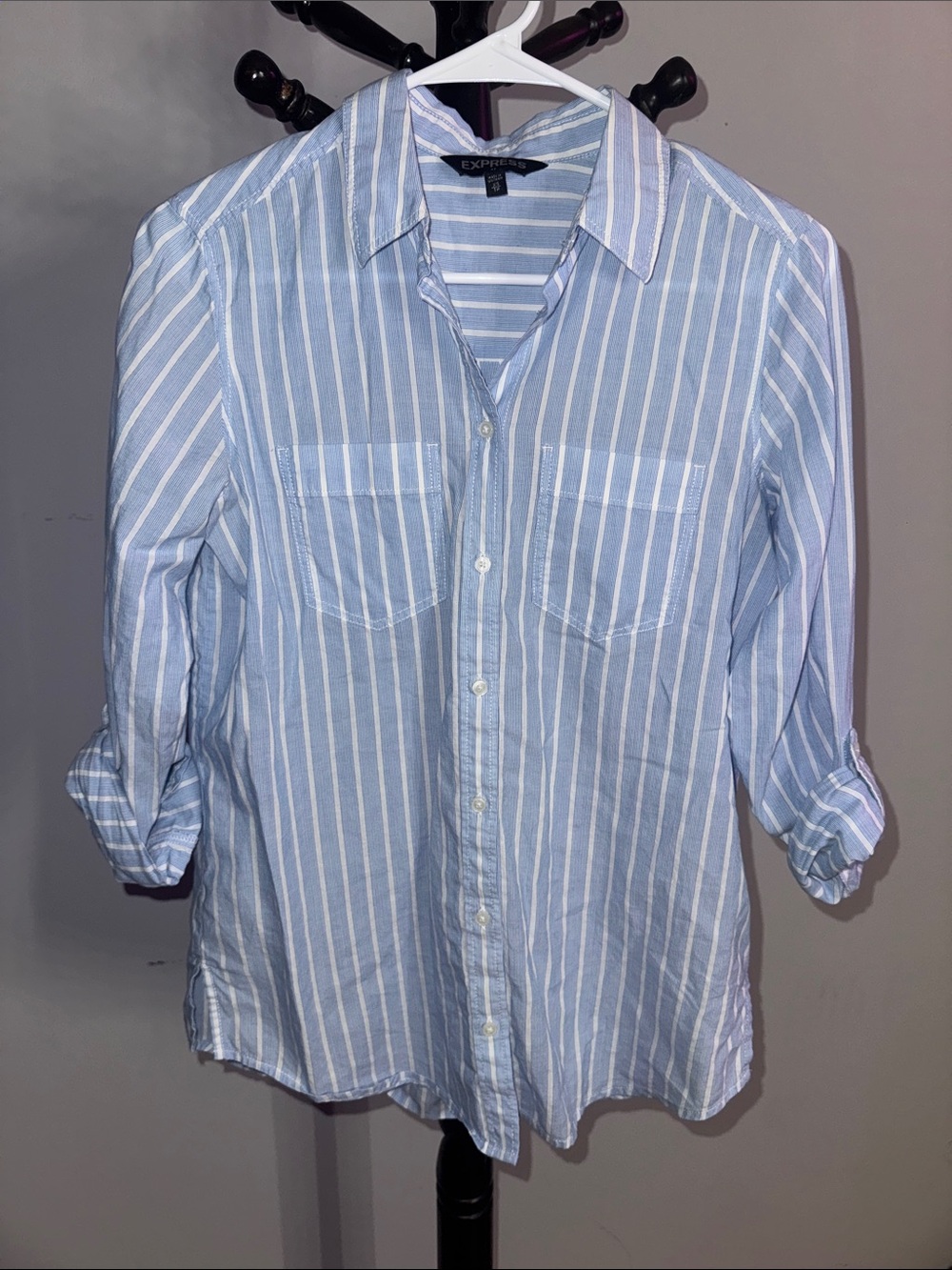 Express Men's Blue and White Vertical Stripe Button-Down Shirt 3.1T